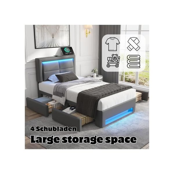Polstret seng - MUVOE - 90x200 cm - med USB-port - LED-belysning - 4 grå skuffer