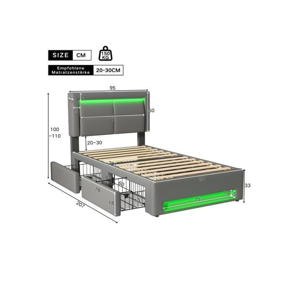 Polstret seng - MUVOE - 90x200 cm - med USB-port - LED-belysning - 4 grå skuffer