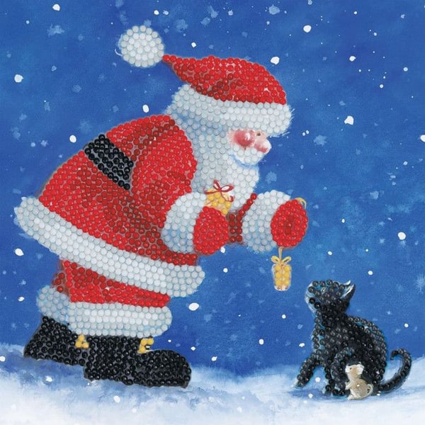 KRISTALLKONST Kit kort med diamantbroderi 18x18cm Jultomte och kattunge