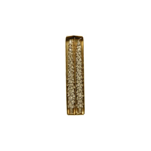 Pack med 2 ljus i form av gran, guld med glitter, 5,7x3,8x26,4cm. Basics