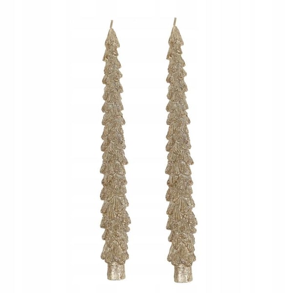 Pack med 2 ljus i form av gran, guld med glitter, 5,7x3,8x26,4cm. Basics
