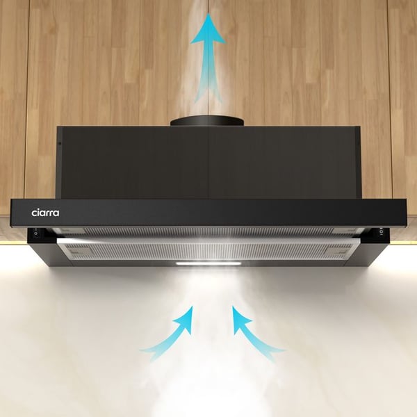 CIARRA Teleskophuva 60cm Klass A++ 370m3/h 2st Active Filter Integrerad låda Huva Svart
