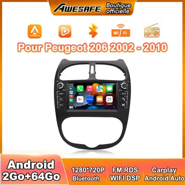 AWESAFE Android 13 2GB+64GB bilradio för Peugeot 206 (2002-2010) med 7-tums pekskärm GPS Carplay Android Auto Bluetooth