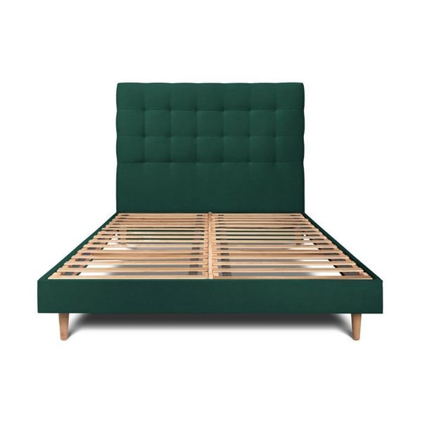 Säng 140x200cm med knäppt sammetshuvudgavel och grön sängbotten - Totalhöjd: 29cm