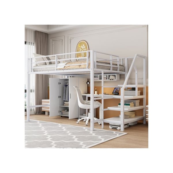 Valoisa mezzanine - MUVOE - 140x200cm - Valkoinen - Integroitu työpöytä - Kaappi ja hyllyt sisältyvät