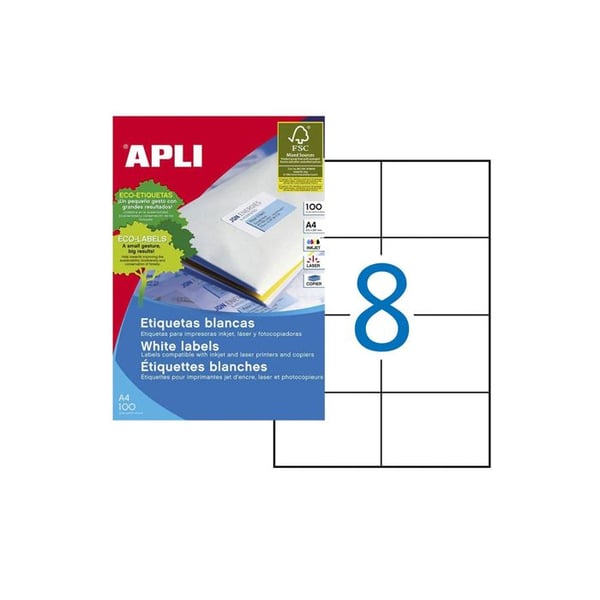 Pack med 10 ark med 8 etiketter 105x74mm, Apli Din A4