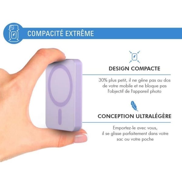 Powerbank - FORCE POWER - 5000mAh - Kompatibel med MagSafe - Induktion 15W - Lila
