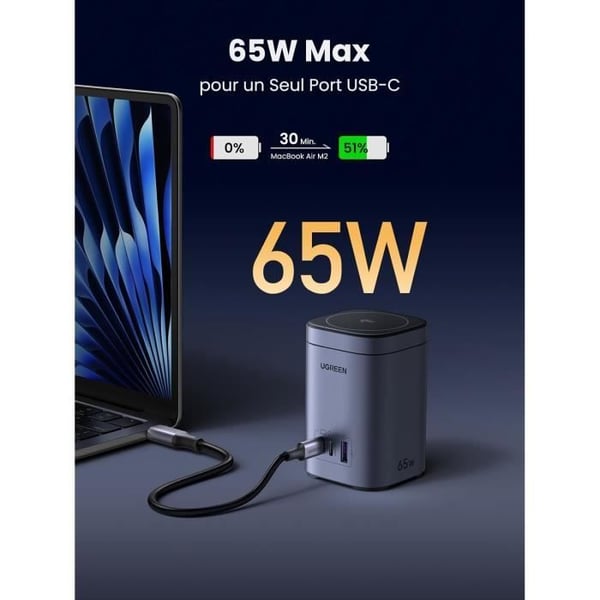 Laturin - UGREEN - Nexode 65W - 3 Porttia - Qi2 15W - Nopea Lataus