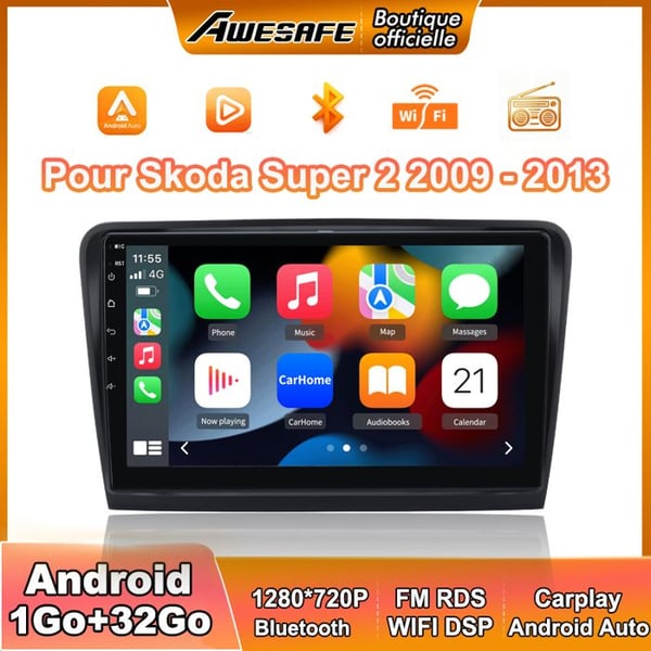 AWESAFE Autoradio Android 13 för Skoda Super 2 (2009-2013) 1Go+32Go 9'' Pekskärm med Carplay GPS Bluetooth Android Auto