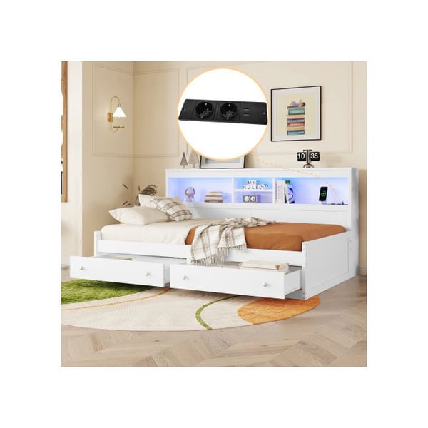 Säng med dagbelysning - MUVOE - 90x200 cm - Vit - Med LED-ljus - 2 USB-uttag