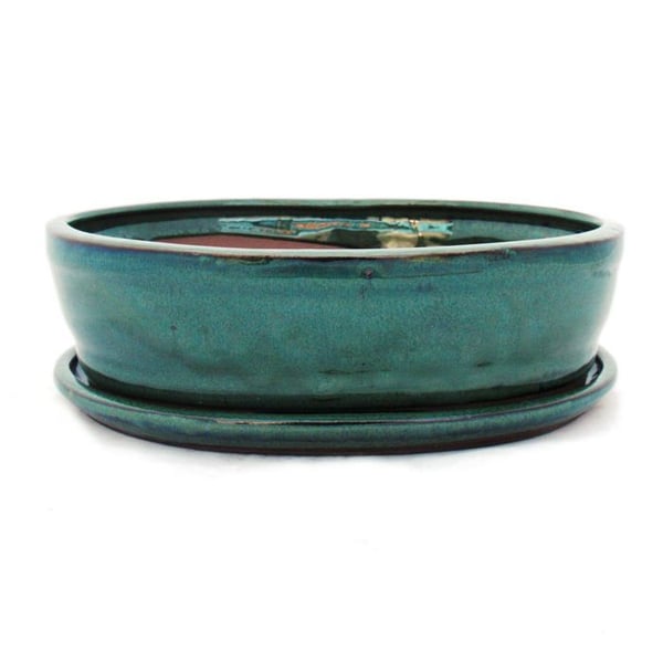 Bonsaiskål med fat St. 4 - Grön - oval - Modell O7 - L 26cm - B 21cm - H 7,5cm