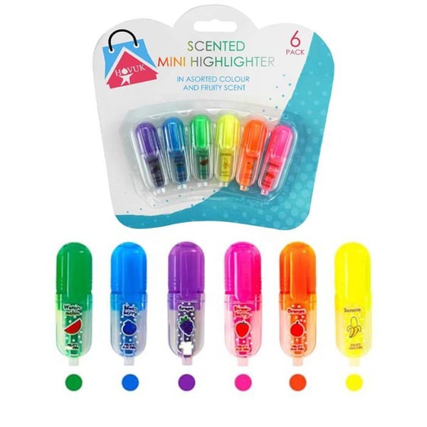 Pack med 6 mini markeringspennor med doft, assorterade färger, kompakt format.