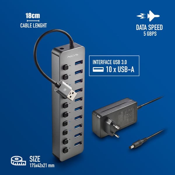 NGS IHUB 10 : Hub 10 portar USB 3.0, överföring 5Gbps, kabel 180mm, Plug & Play, svart