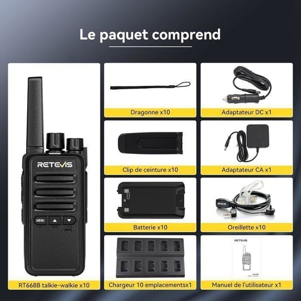Retevis RT668B Talkie-Walkie, Tvåvägsradio PMR446, USB-C, 16 Kanaler, Uppladdningsbar, för Säkerhet, Restauranger(10 St)