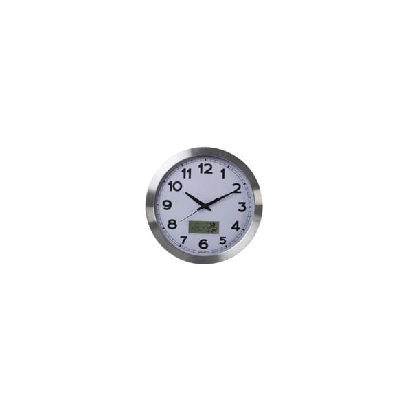 Väggklocka i aluminium med LCD-skärm och termometer, hygrometer & väderprognos - Ø 35 cm
