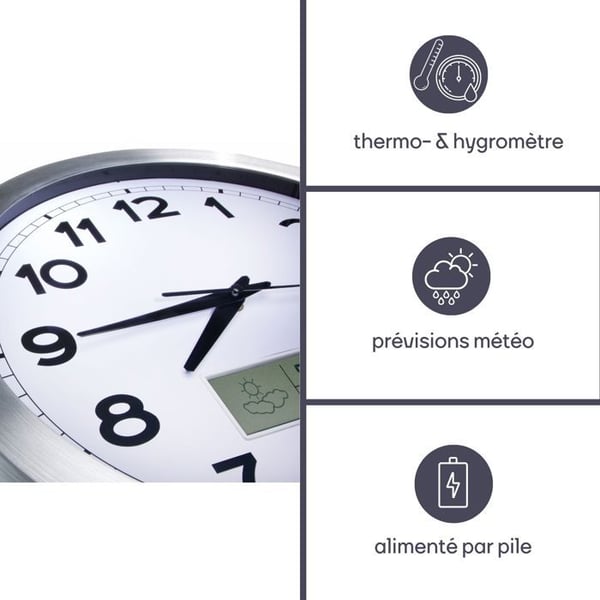 Väggklocka i aluminium med LCD-skärm och termometer, hygrometer & väderprognos - Ø 35 cm