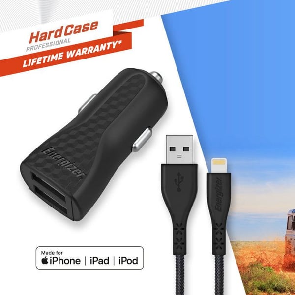 Bil-laddare - ENERGIZER - DC2CLLIM - 3.4A - 2 USB-portar - Lightning-kabel ingår