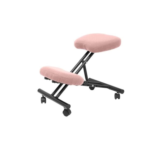 Fast ergonomisk kontorspall, justerbar i olika lägen och med hjul. Sits klädd i ljusrosa BALI-tyg