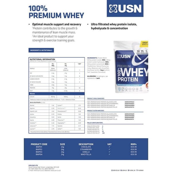 USN 100% Premium Whey Väska, 2000g, jordgubb