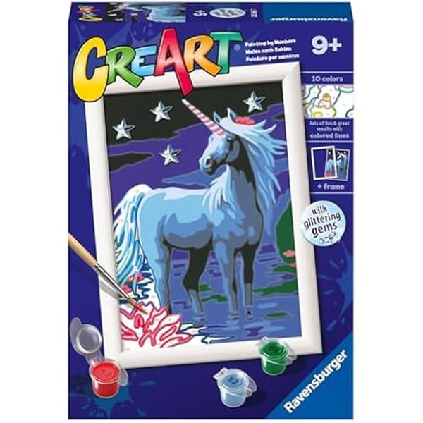 Ravensburger - CreArt Serie E Classic: magisk enhörning, målar-kit enligt nummer, innehåller en förtryckt tavla, en
