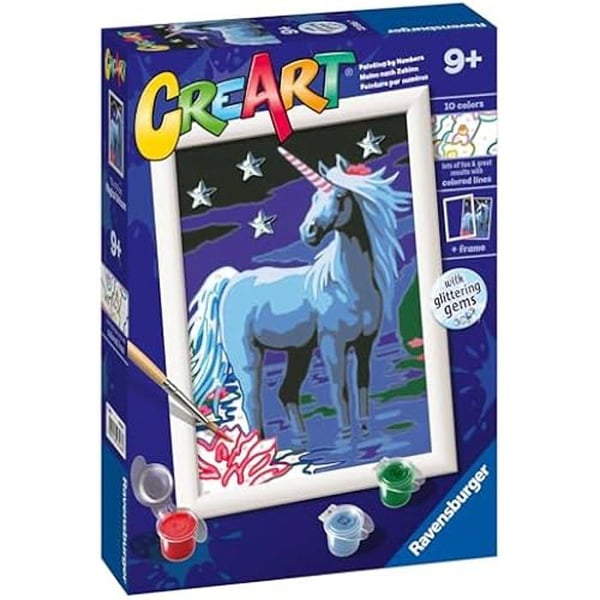 Ravensburger - CreArt Serie E Classic: magisk enhörning, målar-kit enligt nummer, innehåller en förtryckt tavla, en