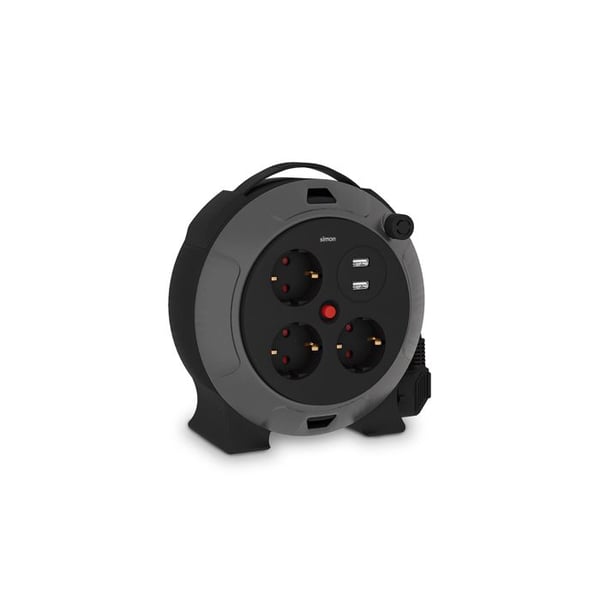 Kabelvindare med 2 USB A-uttag, 3 Schuko-kontakter 2p+tt, 16 A, 230 V~, H05vv-f 3 G 1,5 Mm², 5 M, Svart/grå
