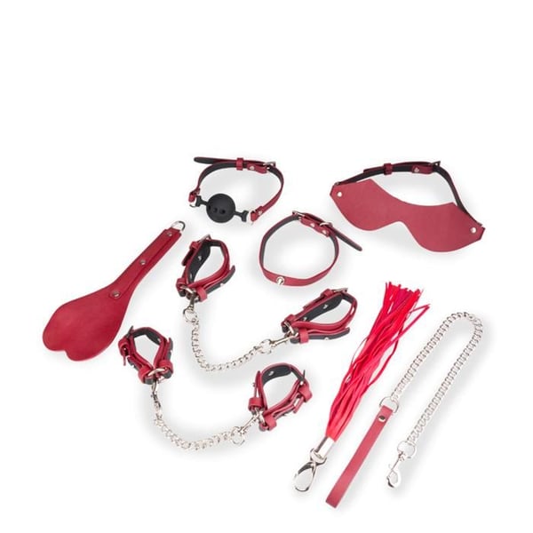 Kit bondage BDSM 8 delar i veganläder - Röd