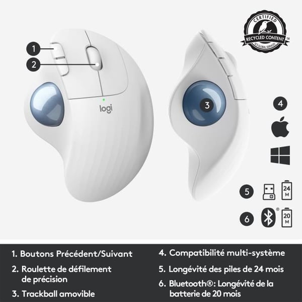 Mus - Trådlös - Logitech - Ergo M575 - Vit - Ergonomisk