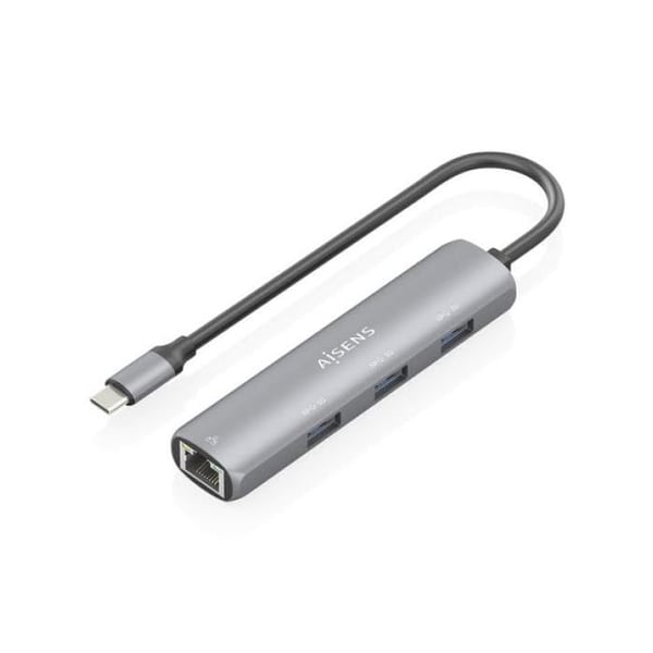 USB-C 4-i-1-hubb - AISENS - 3xUSB-A - RJ45 - 15cm - Grå - USB3.1 Gen1 - Kompatibel med Windows, Mac OS, Linux