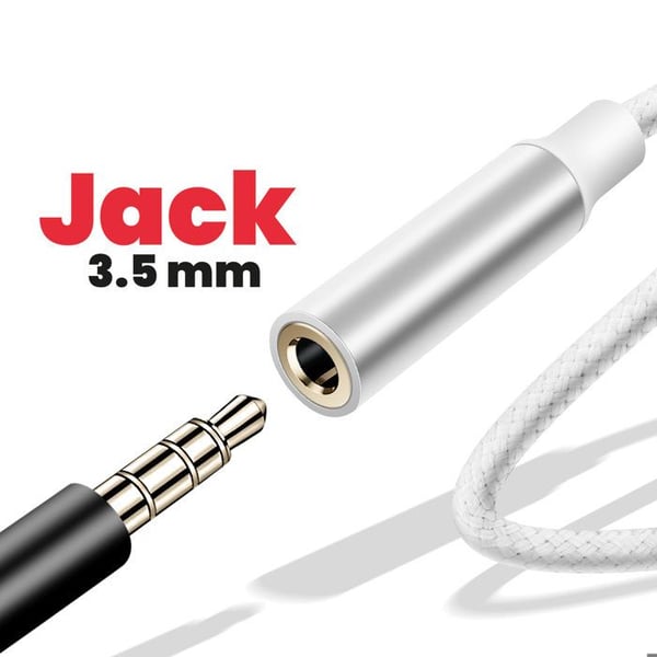 Audioadapter - Lightning till 3,5 mm jack - Vit - Textilkabel - 15 cm
