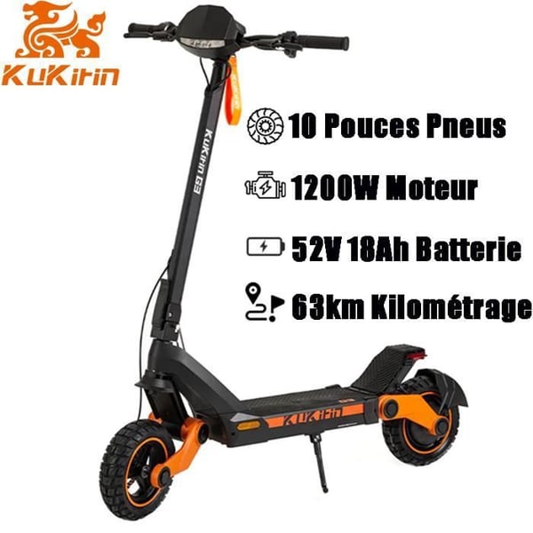 KuKirin G3 Sammenklappelig Elektrisk Scooter - 1200W Motor - 52V 18Ah Batteri - 10.5" Dæk - 936WH Rækkevidde 70KM - Sort