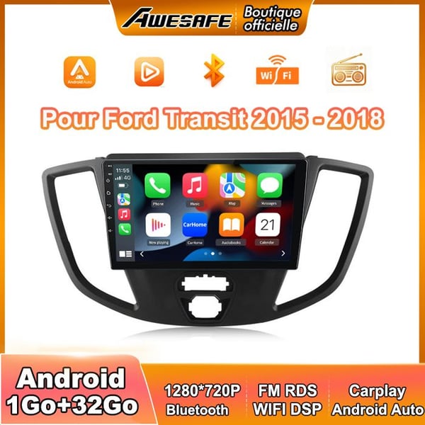 AWESAFE Autoradio Android 13 1Go+32Go för Ford Transit (2015-2018) 9'' Skärm med Carplay GPS Bluetooth Android Auto RDS WiFi