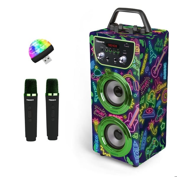 Enceinte Karaoke - Trendix - Karaoke Barn Neon Värld - 2 Trådlösa Mikrofoner - Rösteffekter - LED Disco Ljus