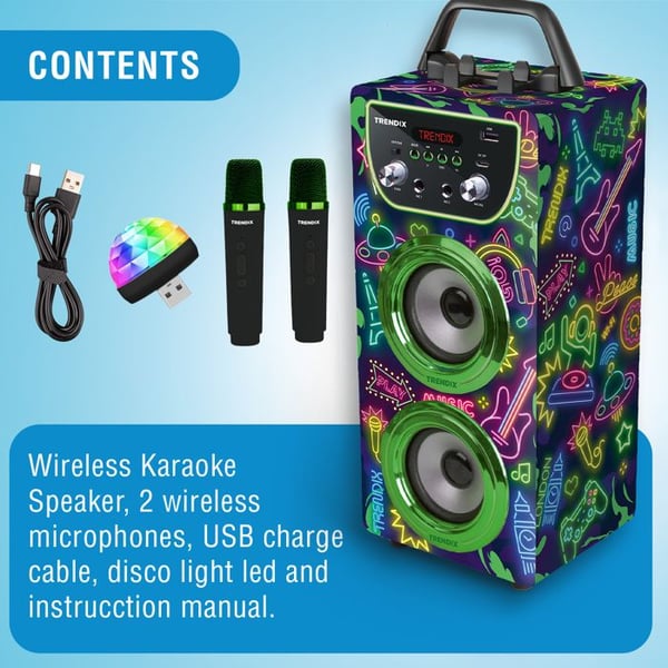 Enceinte Karaoke - Trendix - Karaoke Barn Neon Värld - 2 Trådlösa Mikrofoner - Rösteffekter - LED Disco Ljus