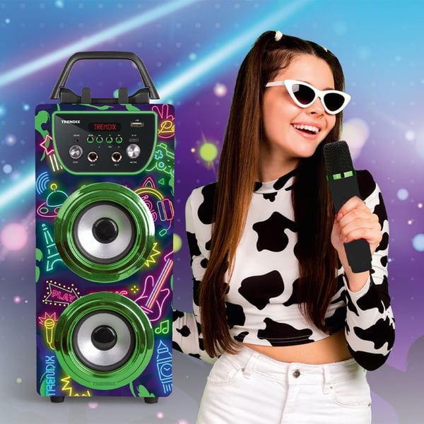 Enceinte Karaoke - Trendix - Karaoke Barn Neon Värld - 2 Trådlösa Mikrofoner - Rösteffekter - LED Disco Ljus