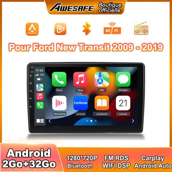 AWESAFE Autoradio Android 13 2Go+32Go för Ford New Transit (2009-2019) 9'' Skärm med Carplay GPS Bluetooth Android Auto RDS WiFi