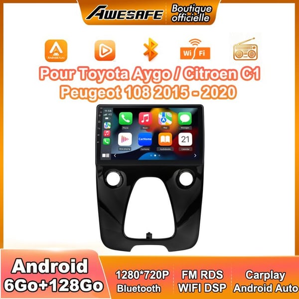 AWESAFE 4G Autoradio Android 13 6Go+128Go för Toyota Aygo/Citroen C1/Peugeot 108 (2015-2020) 10'' Pekskärm Carplay Android Auto