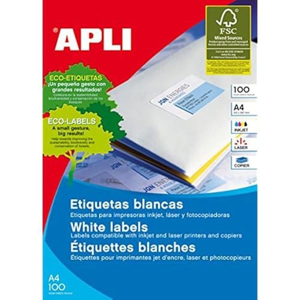 Klisteretiketter - APLI - 1274 - 105 x 37mm - Vit - 100 ark