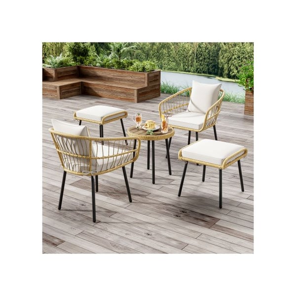 Havemøbelgruppe 5 dele, bestående af 1 spisebord, 2 stole, 2 taburetter, møbler, rattan, naturlig