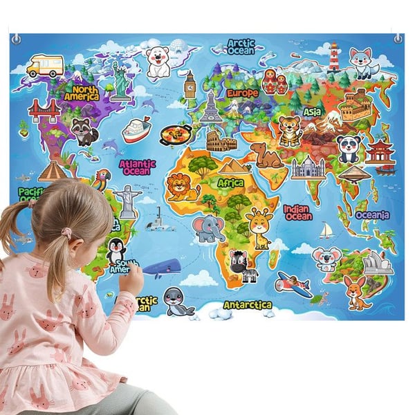 Utbildningsspel - Världen på engelska - Filttavla 91x66 cm - 48 avtagbara bitar - Montessori 4 år