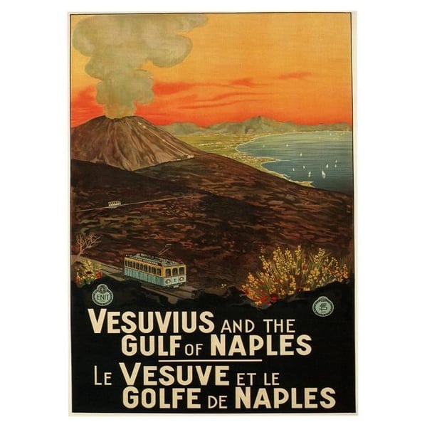 Legendarte - Vintage turistaffisch Vesuvius och Neapelbukten - Målning, tryck på duk cm. 50x70