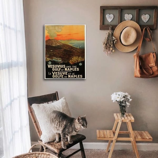 Legendarte - Vintage turistaffisch Vesuvius och Neapelbukten - Målning, tryck på duk cm. 50x70