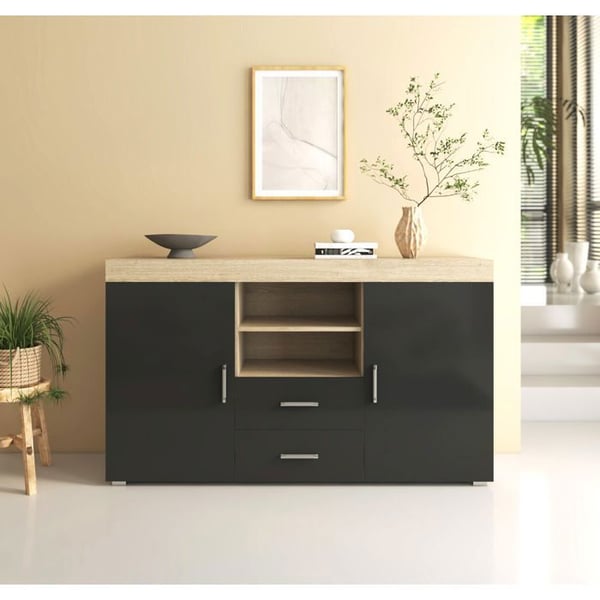 DESIGN AMEUBLEMENT - Lågt skåp modernt - Sonoma & Svart - Melamin - 2 dörrar 2 lådor - 140x40x80 cm