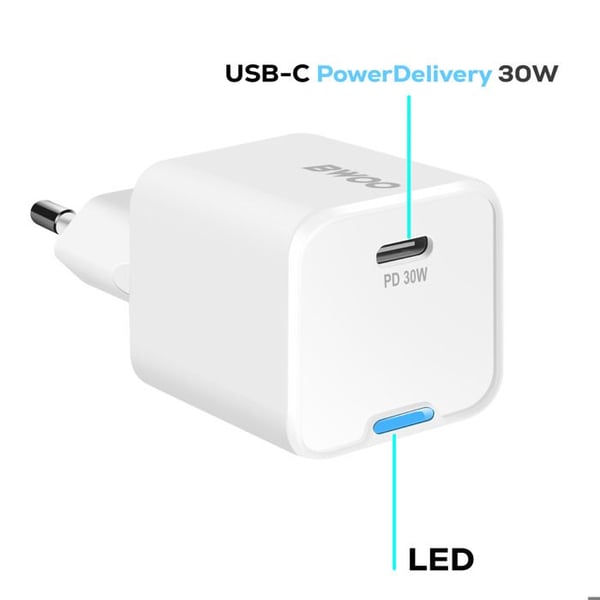 Laddare 30W GaN USB C med USB C / USB C-kabel 60W 1m Bwoo Vit