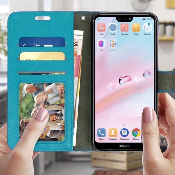 Plånboksfodral - AVIZAR - Huawei P20 Lite - Ekologiskt läder - Turkos - Stativfunktion
