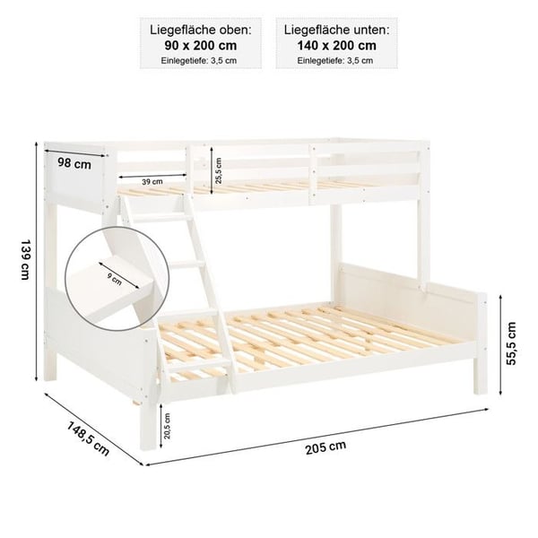 Familjesäng med 3 platser 90/140x200 cm, platsbesparande för barnrum – Homestyle4u