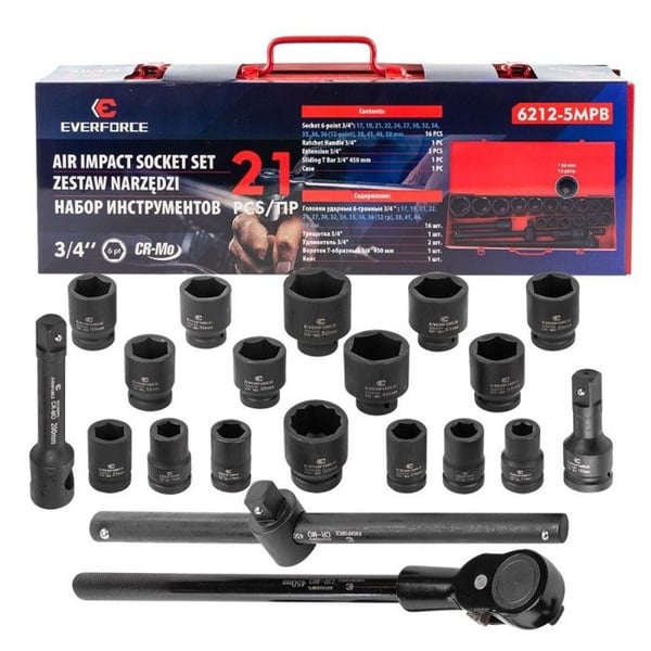 Slagnyckelsats - Everforce - 3/4'' - 21 delar - 6-kantiga - 17-50 mm - Väska ingår - Förlängning 2 delar