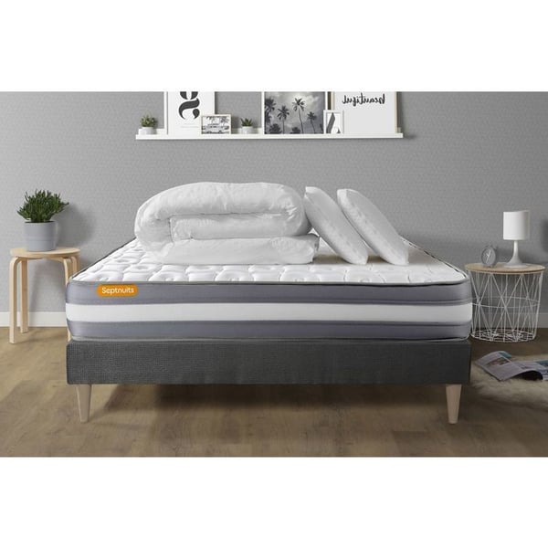 Sänggavel och madrass 140x200 Memo plus minnesskum - 24 cm - Fast - grå sänggavelset + 2 kuddar + täcke