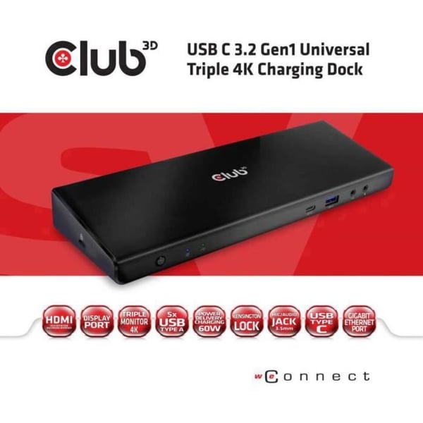 Dockingstation - CLUB 3D - CSV-1562 - Triple 4K - USB type C® 3.2 Gen1 - Indbygget opladning