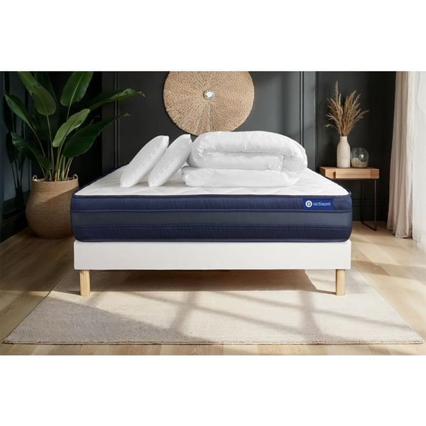 Komplett sängpaket 140x190 cm - Madrass + Sängbotten Vit (i kit) + 2 kuddar + Täcke - Actiflex Te